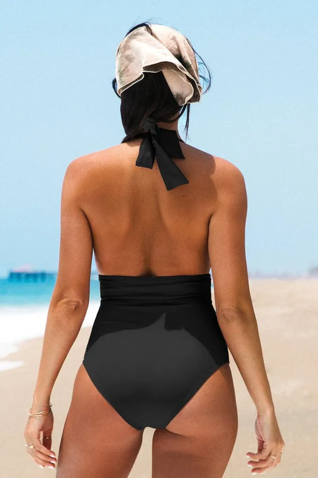Women Halter and Lace Up Swimsuits Cupshe Summer Seaside Ruched Halter One Piece Swimsuit Black
