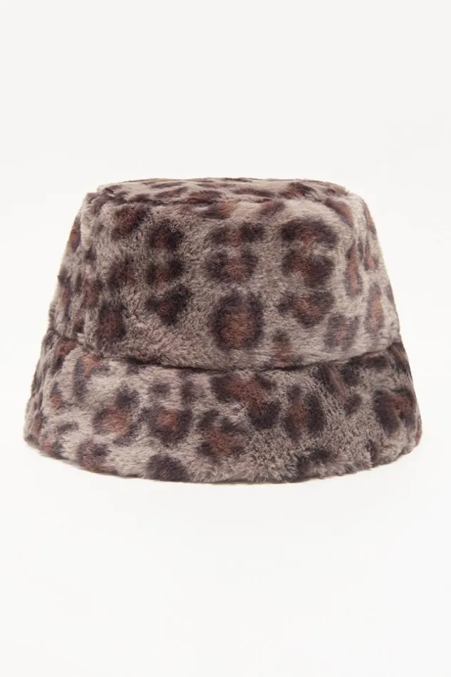 Women Hats and Scarves Cupshe Dynamic Star Leopard Fluffy Bucket Hat Brown