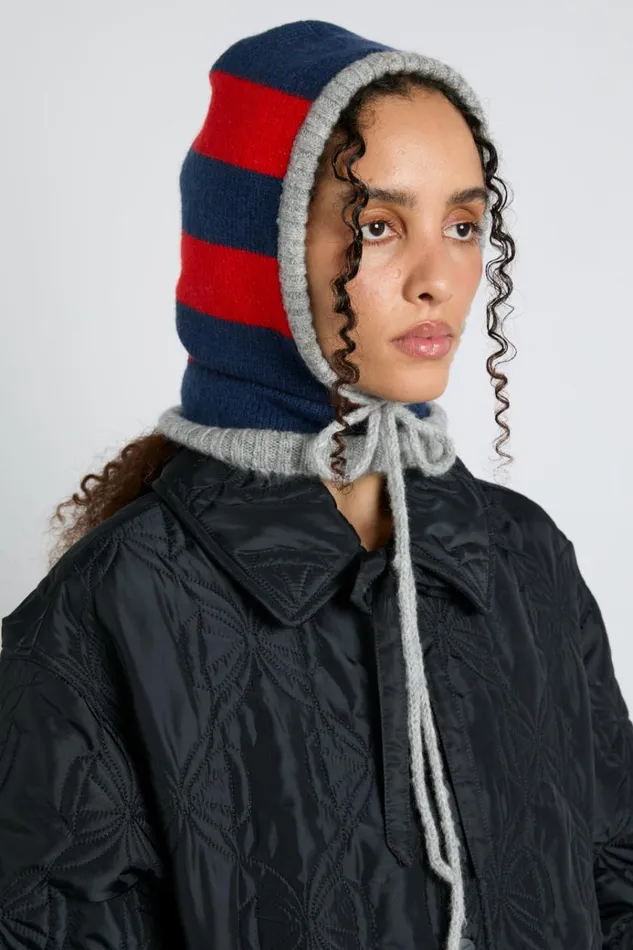 Women Hats Damson Madder Hood In Red and Navy With Grey Tie