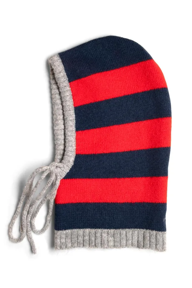 Women Hats Damson Madder Hood In Red and Navy With Grey Tie
