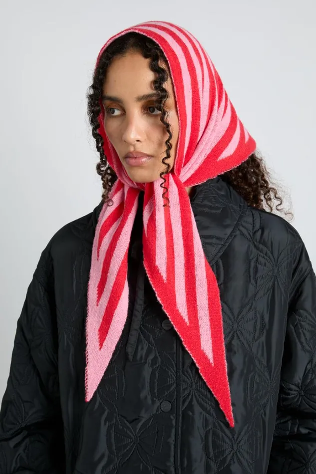 Women Hats Damson Madder Knitted Triangle Headscarf In Pink and Red Stripe