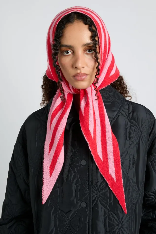 Women Hats Damson Madder Knitted Triangle Headscarf In Pink and Red Stripe