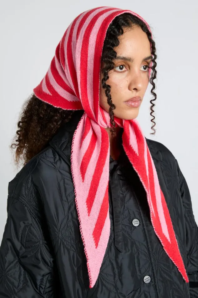 Women Hats Damson Madder Knitted Triangle Headscarf In Pink and Red Stripe