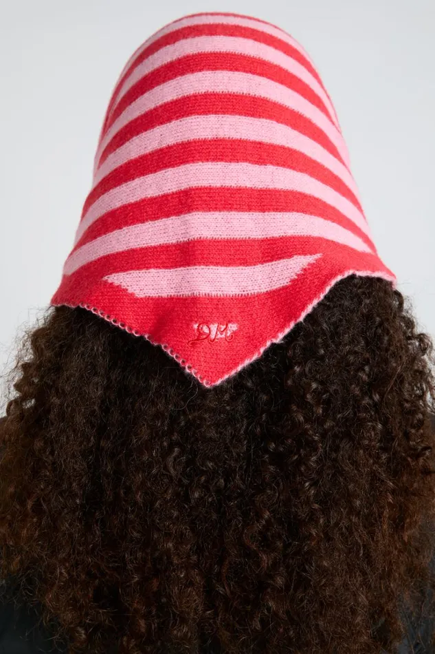 Women Hats Damson Madder Knitted Triangle Headscarf In Pink and Red Stripe