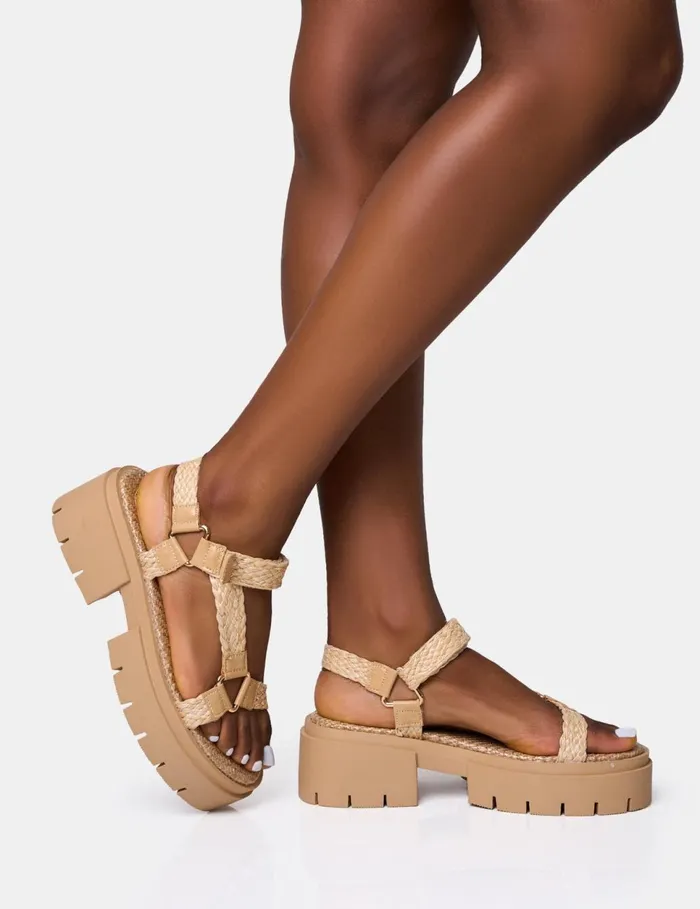 Women Hazard Natural Raffia Chunky Dad Sandals Neutral Public Desire Holiday