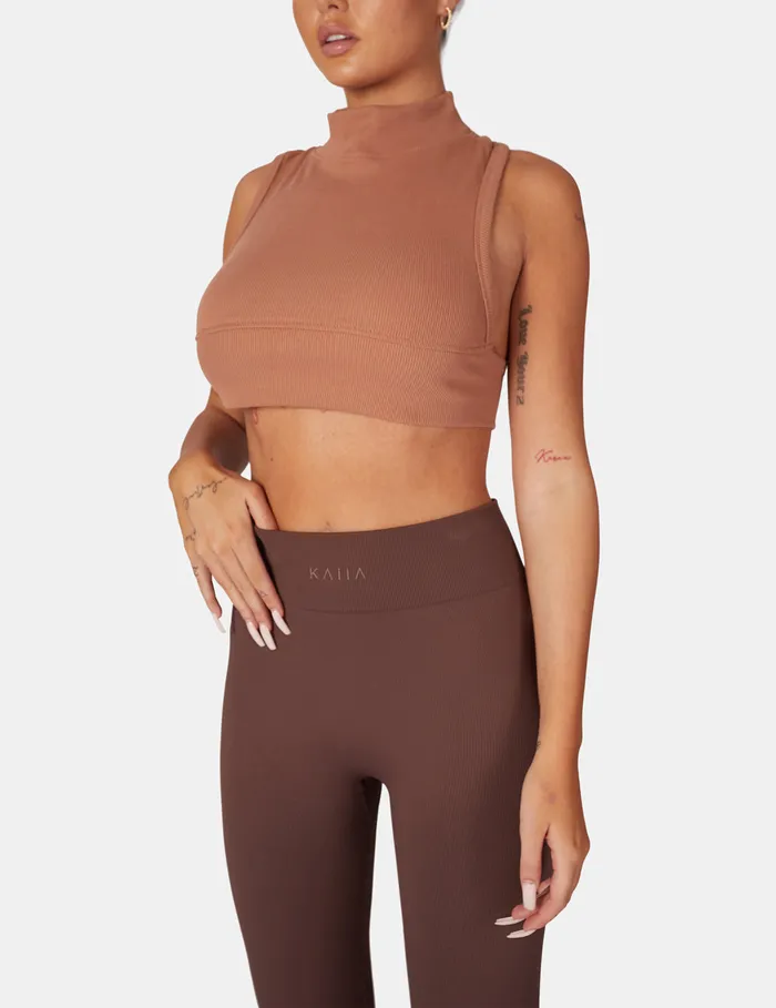 Women High Neck Racer Low Side Rib Crop Top Cinnamon Kaiia Brown Public Desire Tops