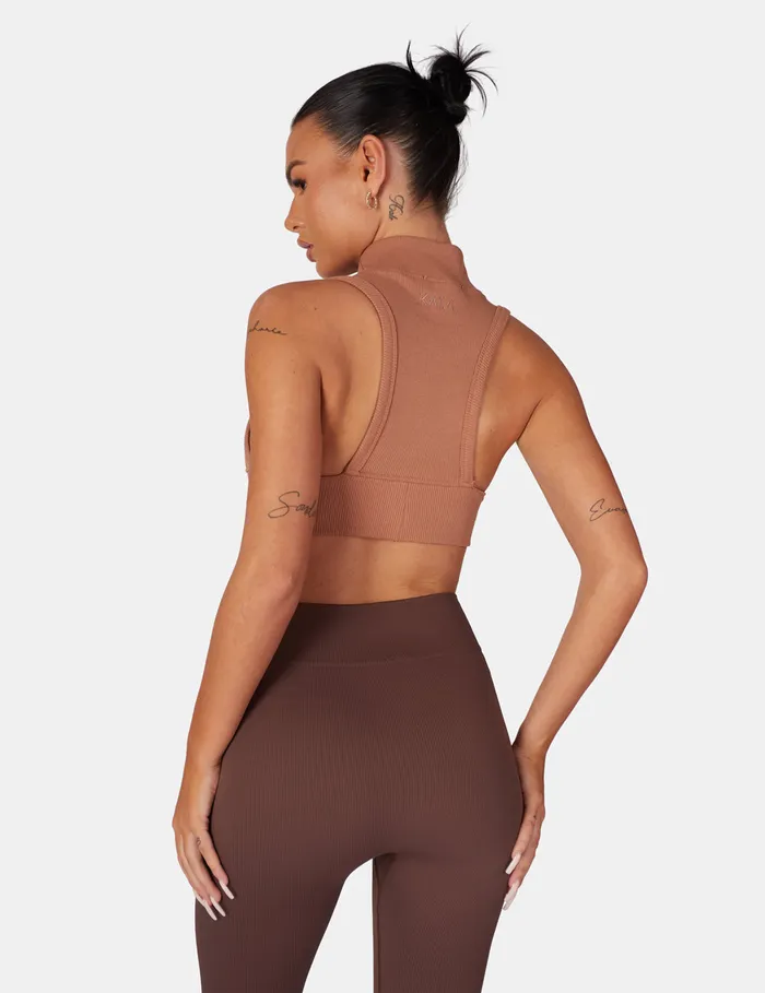 Women High Neck Racer Low Side Rib Crop Top Cinnamon Kaiia Brown Public Desire Tops