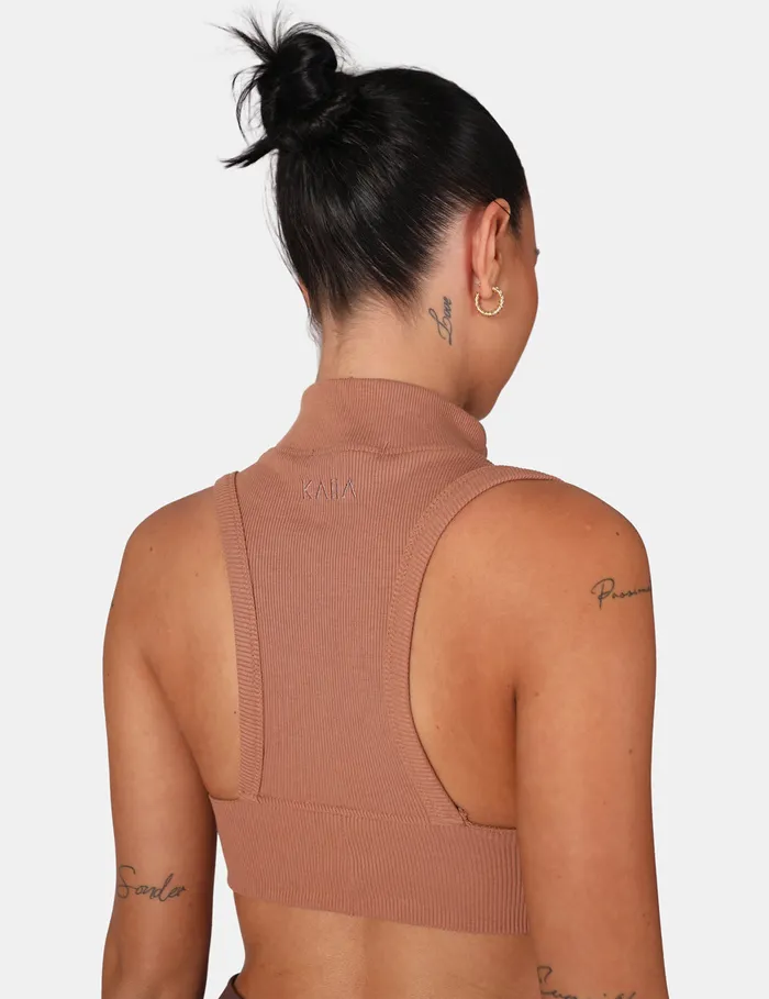 Women High Neck Racer Low Side Rib Crop Top Cinnamon Kaiia Brown Public Desire Tops