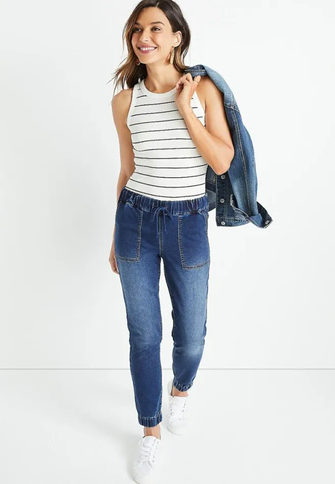 Women High Rise Dark Denim Ripped Jogger Pant Maurices Bottoms