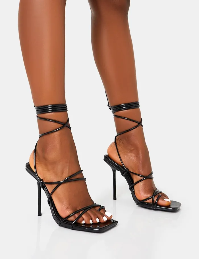 Women Holly Black Patent Strappy Tie Up Square Toe Stiletto Heels Black Public Desire Party Women Holly Black Patent Strappy Tie Up Square Toe Stiletto Heels Black Public Desire Party