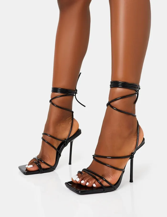 Women Holly Black Patent Strappy Tie Up Square Toe Stiletto Heels Black Public Desire Party Women Holly Black Patent Strappy Tie Up Square Toe Stiletto Heels Black Public Desire Party