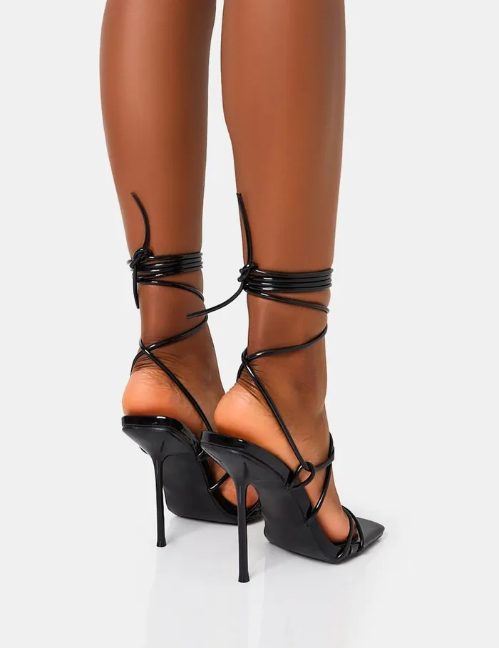 Women Holly Black Patent Strappy Tie Up Square Toe Stiletto Heels Black Public Desire Party Women Holly Black Patent Strappy Tie Up Square Toe Stiletto Heels Black Public Desire Party