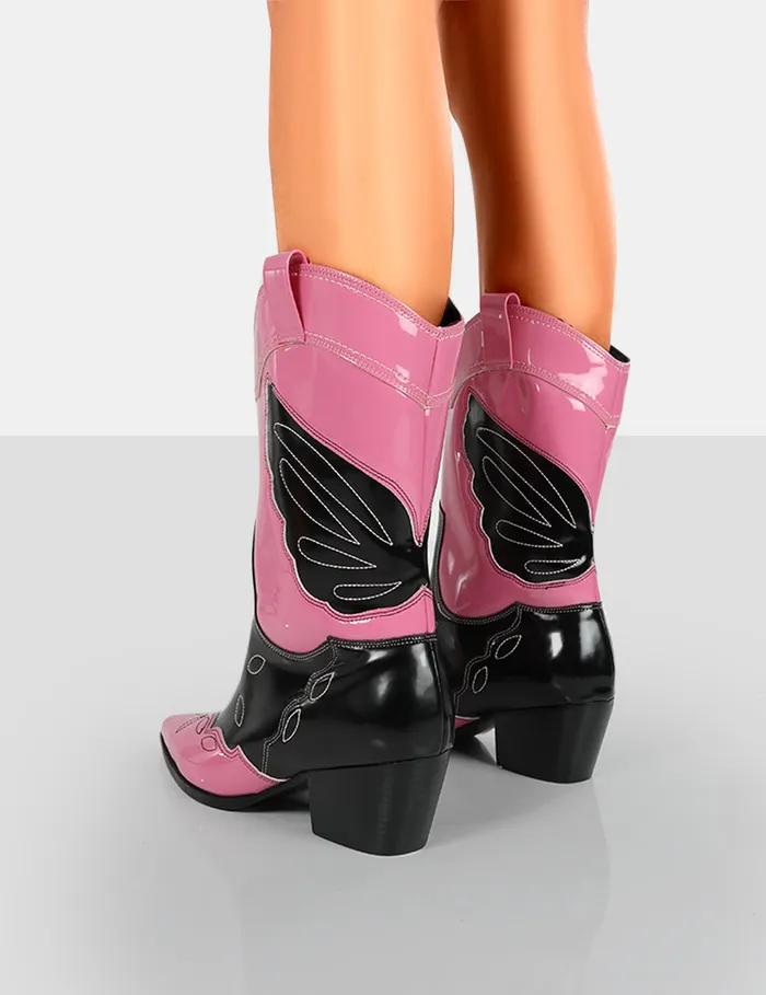 Women Howdy Pink Patent Western Cowboy Ankle Boots Public Desire Pink Public Desire Festival