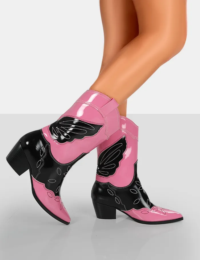 Women Howdy Pink Patent Western Cowboy Ankle Boots Public Desire Pink Public Desire Festival