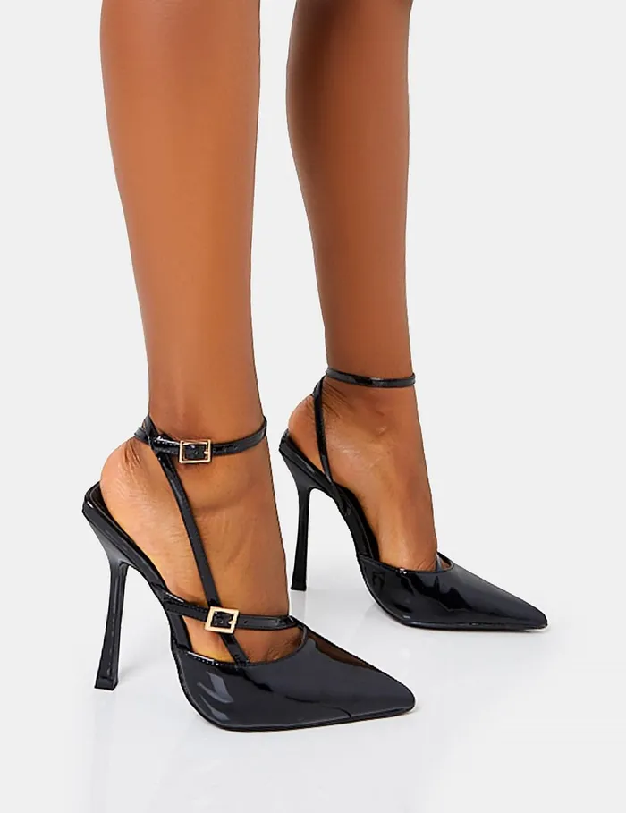 Women Idol Black Patent Buckle Strappy Detail Stiletto Pointed To Court High Heels Black Public Desire Embellished