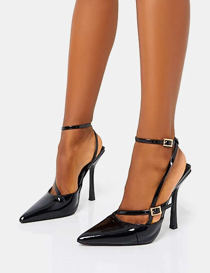 Women Idol Black Patent Buckle Strappy Detail Stiletto Pointed To Court High Heels Black Public Desire Embellished
