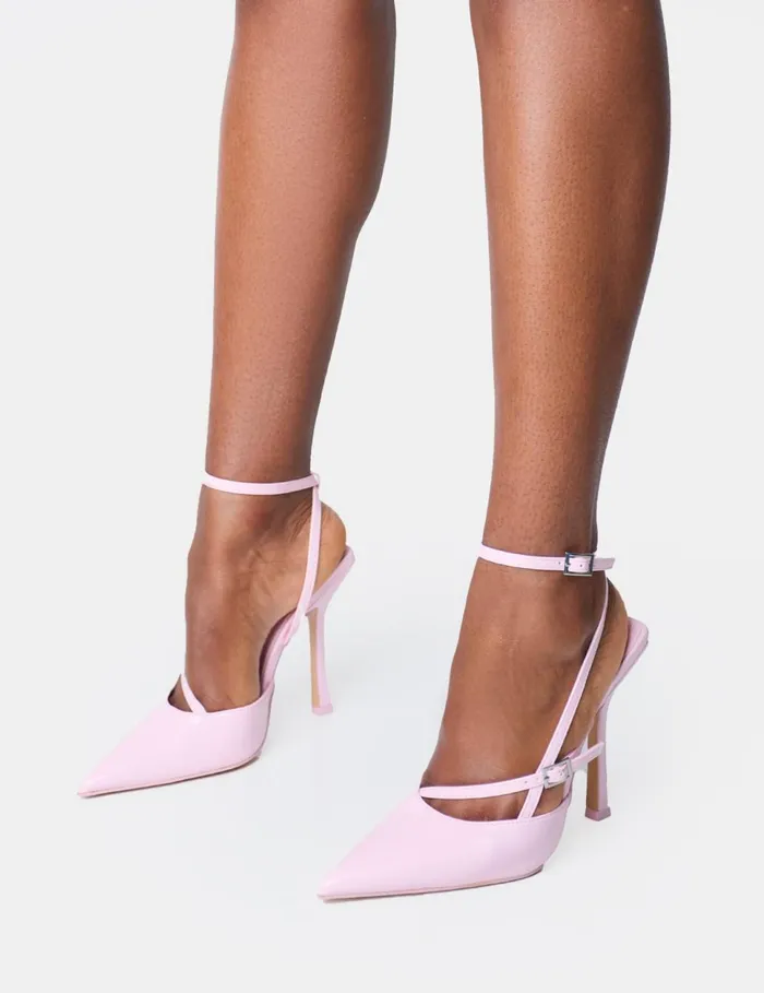 Women Idol Pink Patent Buckle Strappy Detail Stiletto Court High Heels Pink Public Desire Stilettos