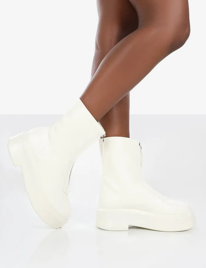 Women Indigo Chunky Sole Zip Through Ankle Boot Ecru Public Desire Ankle Boots
