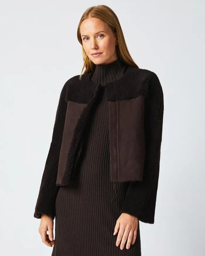 Women Jackets and Outerwear Billy Reid Short Shearling Jacket Coffee Bean