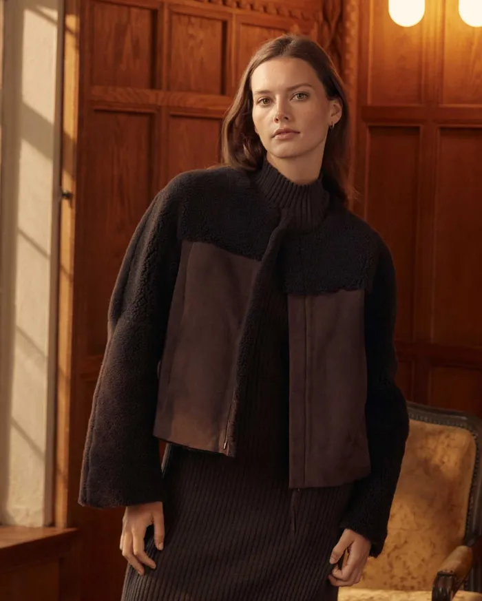 Women Jackets and Outerwear Billy Reid Short Shearling Jacket Coffee Bean