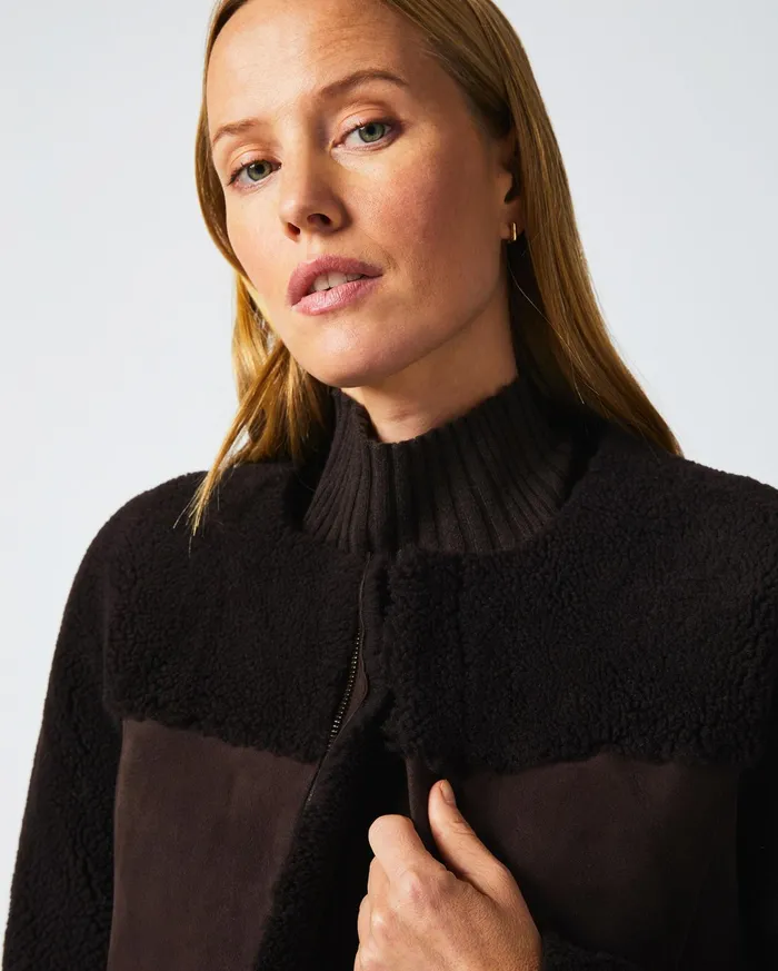 Women Jackets and Outerwear Billy Reid Short Shearling Jacket Coffee Bean