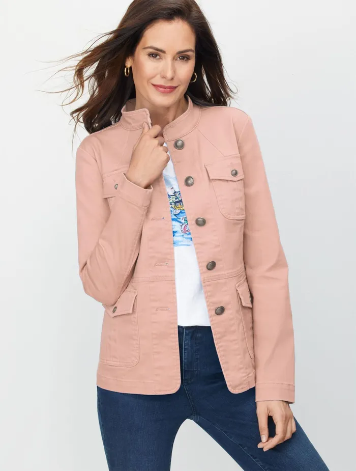 Women Jackets And Blazers Talbots Band Collar Jean Jacket Harvest Rose