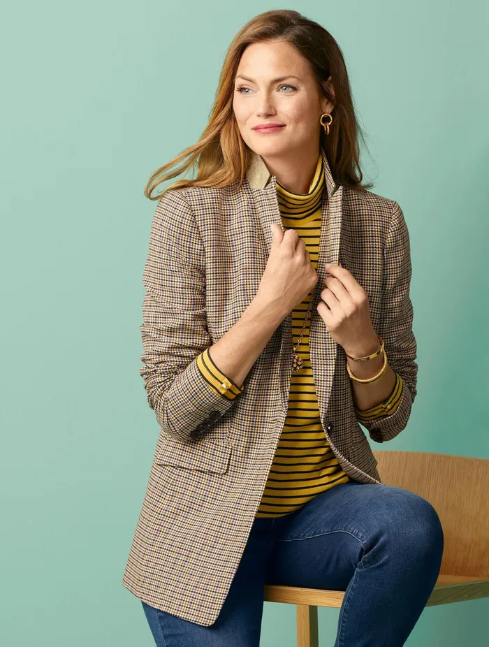 Women Jackets And Blazers Talbots Classic Houndstooth Blazer Golden Apricot Multi