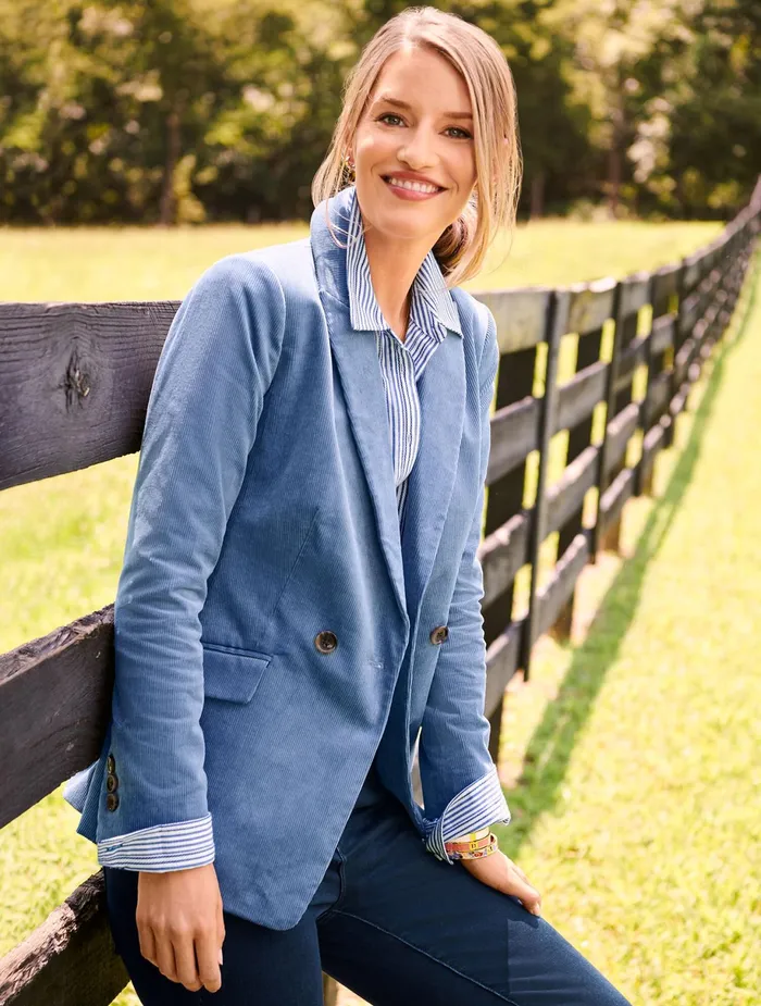 Women Jackets And Blazers Talbots Double Breasted Corduroy Blazer Cool Blue