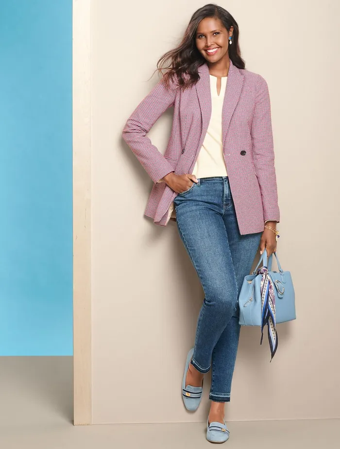 Women Jackets And Blazers Talbots Double Breasted Houndstooth Blazer Magenta Multi