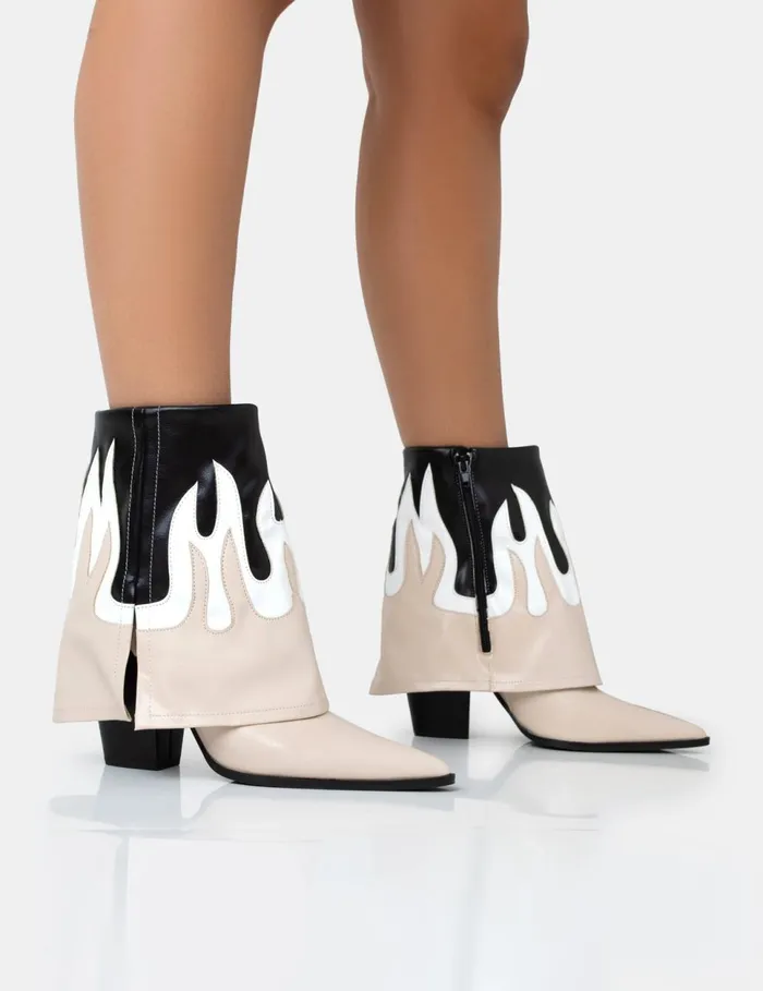 Women Jackson Black and Nude Flame Fold Over Pointed Toe Western Ankle Boots Neutral Public Desire Festival Women Jackson Black and Nude Flame Fold Over Pointed Toe Western Ankle Boots Neutral Public Desire Festival