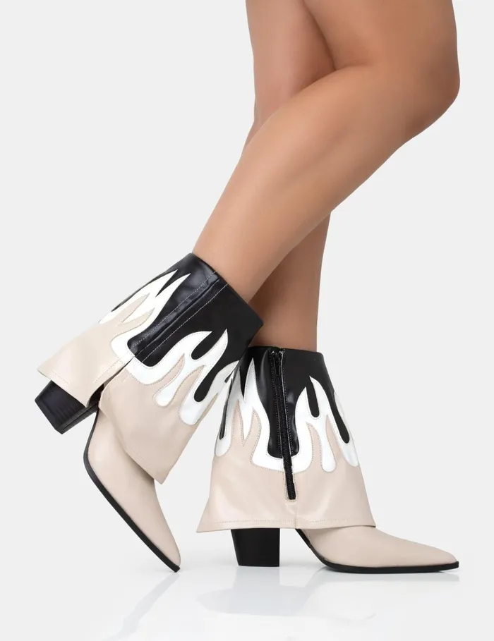 Women Jackson Black and Nude Flame Fold Over Pointed Toe Western Ankle Boots Neutral Public Desire Festival