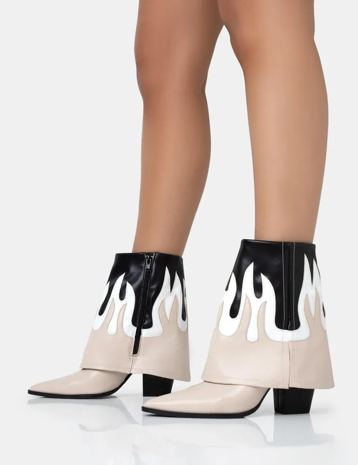 Women Jackson Black and Nude Flame Fold Over Pointed Toe Western Ankle Boots Neutral Public Desire Festival
