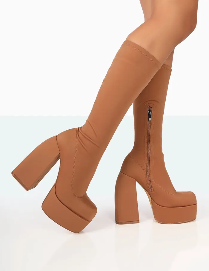 Women Jayce Tan Nylon Chunky Square Toe Platform Boots Brown Public Desire Long Boots Women Jayce Tan Nylon Chunky Square Toe Platform Boots Brown Public Desire Long Boots