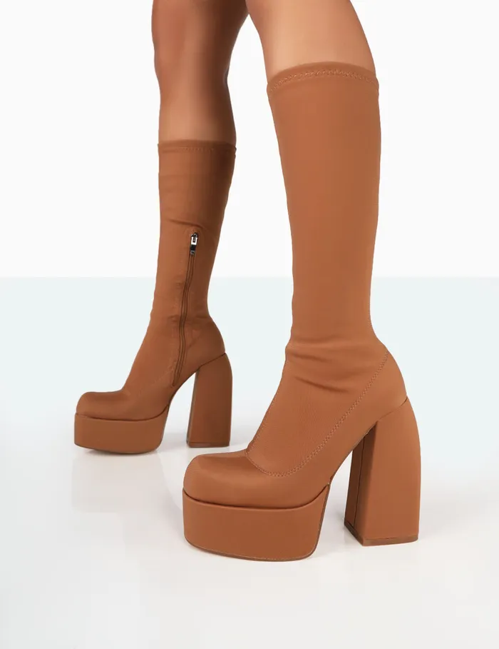Women Jayce Tan Nylon Chunky Square Toe Platform Boots Brown Public Desire Long Boots