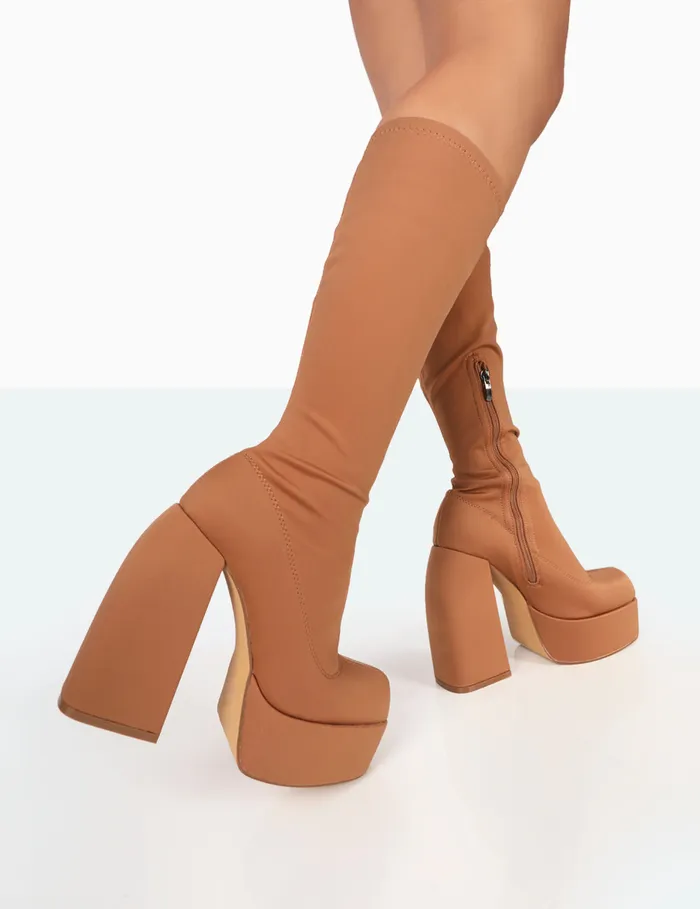 Women Jayce Tan Nylon Chunky Square Toe Platform Boots Brown Public Desire Long Boots