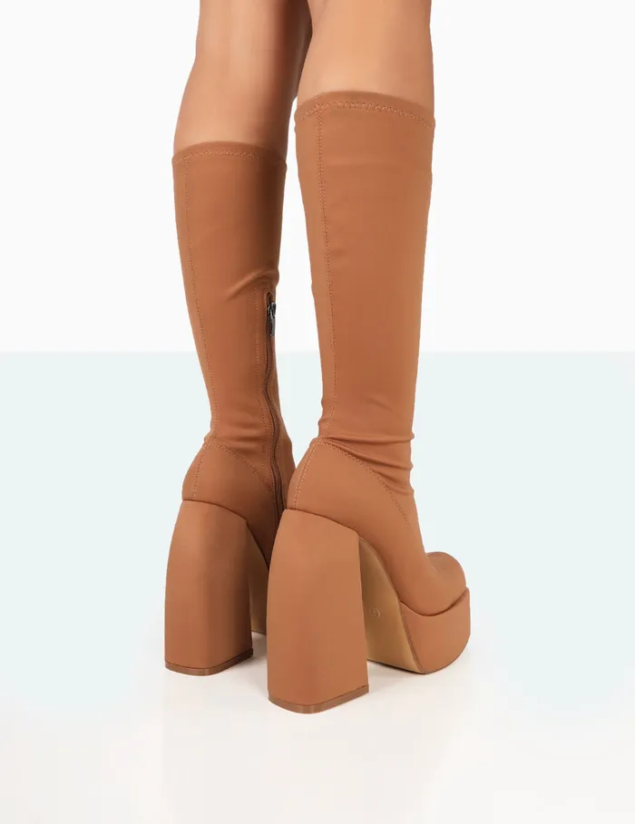 Women Jayce Tan Nylon Chunky Square Toe Platform Boots Brown Public Desire Long Boots