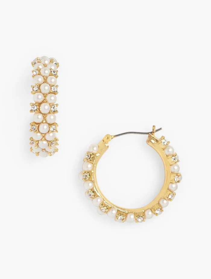 Women Jewelry Talbots Pearl and Crystal Hoop Earrings Ivorypearl Gold