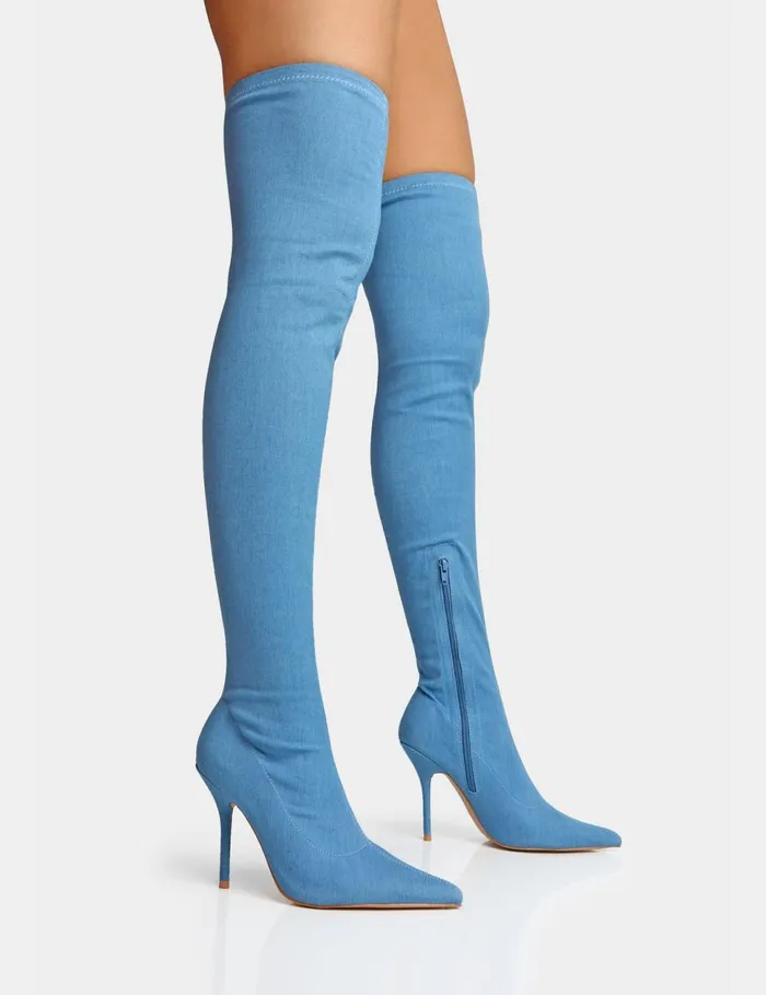 Women Jodie Blue Denim Seam Detail Pointed Toe Stiletto Over The Knee Boots Blue Public Desire Festival Women Jodie Blue Denim Seam Detail Pointed Toe Stiletto Over The Knee Boots Blue Public Desire Festival