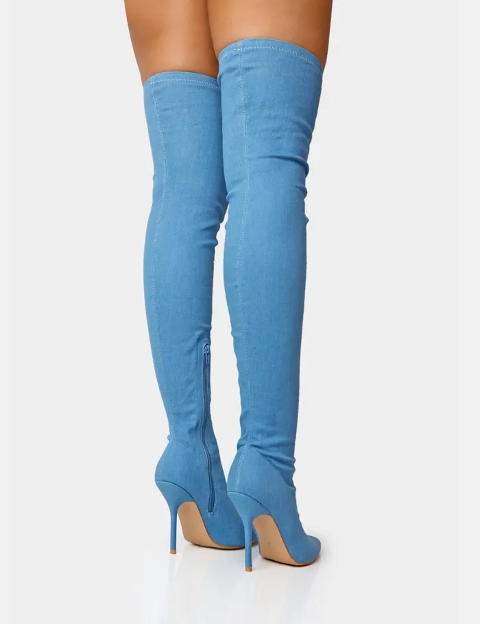 Women Jodie Blue Denim Seam Detail Pointed Toe Stiletto Over The Knee Boots Blue Public Desire Festival