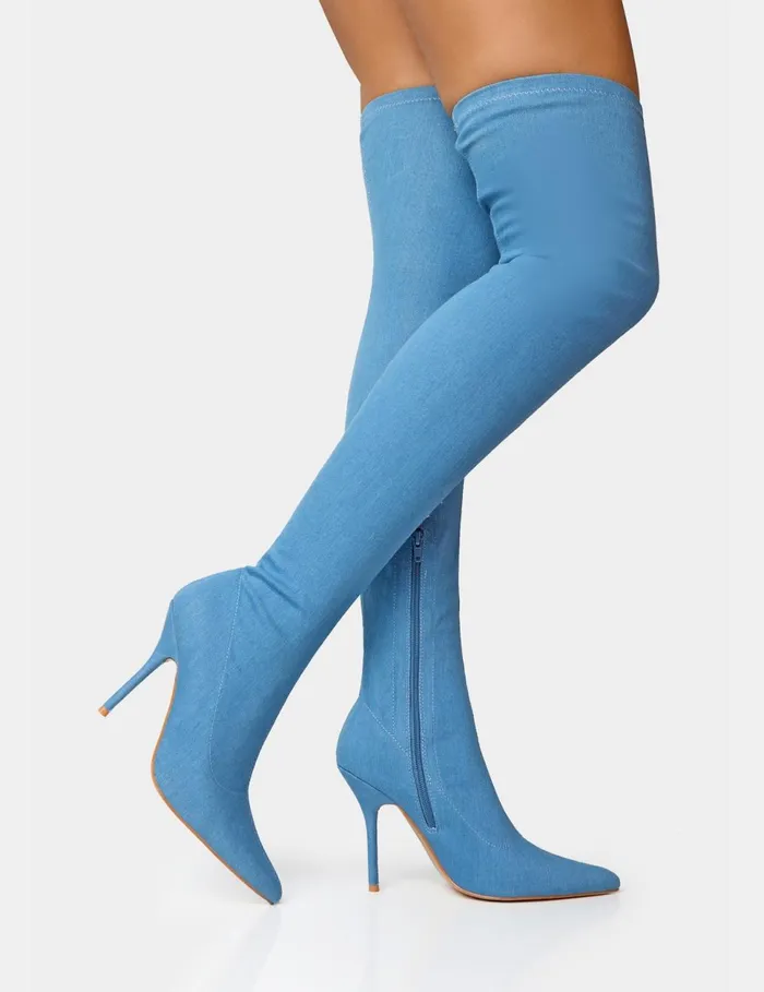 Women Jodie Blue Denim Seam Detail Pointed Toe Stiletto Over The Knee Boots Blue Public Desire Festival