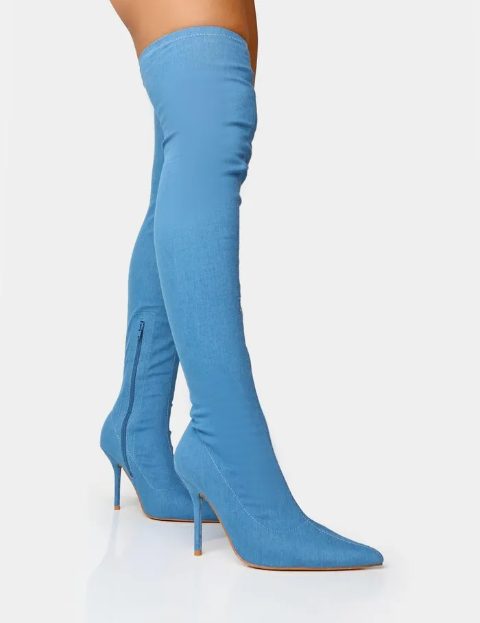 Women Jodie Blue Denim Seam Detail Pointed Toe Stiletto Over The Knee Boots Blue Public Desire Festival