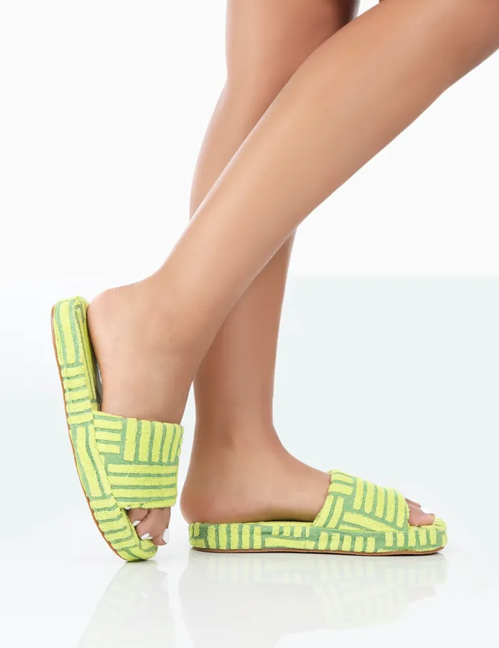 Women Juicy Lime Yellow Terry Slider Slippers Green Public Desire Gifts