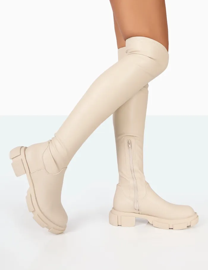 Women Junya Bone Pu Chunk Sole Over The Knee Boots Ecru Public Desire Long Boots Women Junya Bone Pu Chunk Sole Over The Knee Boots Ecru Public Desire Long Boots