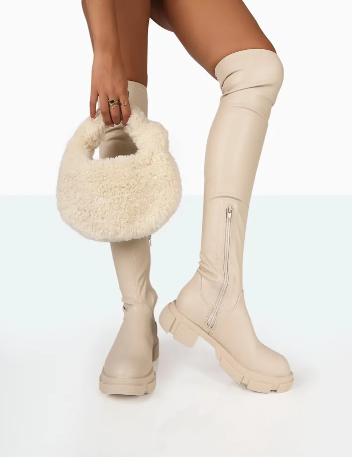 Women Junya Bone Pu Chunk Sole Over The Knee Boots Ecru Public Desire Long Boots