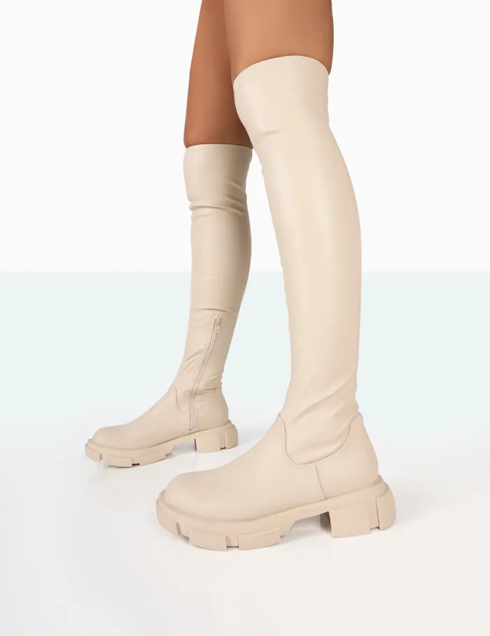 Women Junya Bone Pu Chunk Sole Over The Knee Boots Ecru Public Desire Long Boots