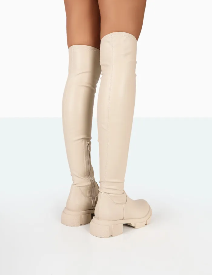 Women Junya Bone Pu Chunk Sole Over The Knee Boots Ecru Public Desire Long Boots