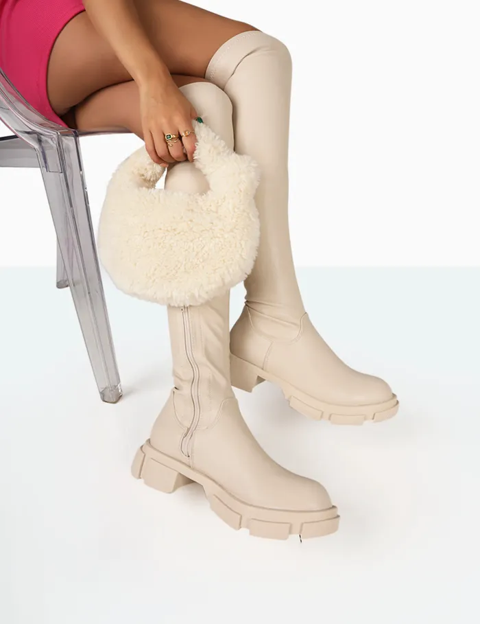 Women Junya Bone Pu Chunk Sole Over The Knee Boots Ecru Public Desire Long Boots