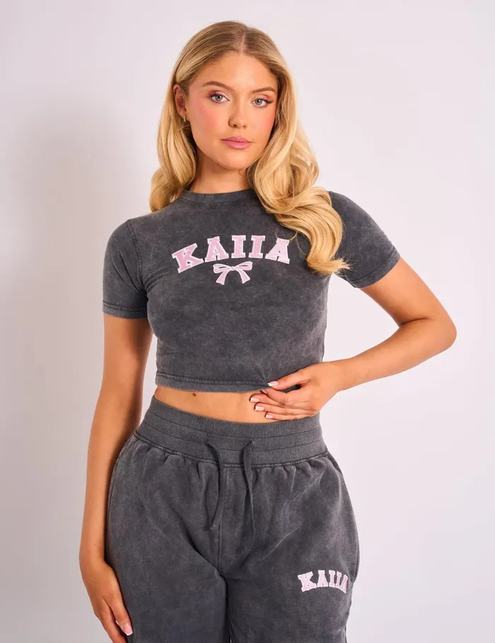 Women Kaiia Bow Baby Tee Washed Dark Grey and Pink Pink Public Desire Tops