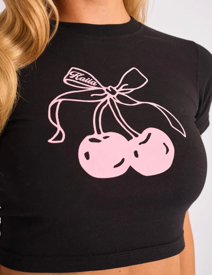 Women Kaiia Bow Cherry Graphic Baby Tee Black and Pink Pink Public Desire Tops