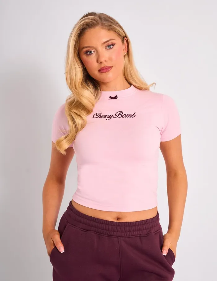 Women Kaiia Bow Detail Baby Tee Pink and Plum Plum Public Desire Tops